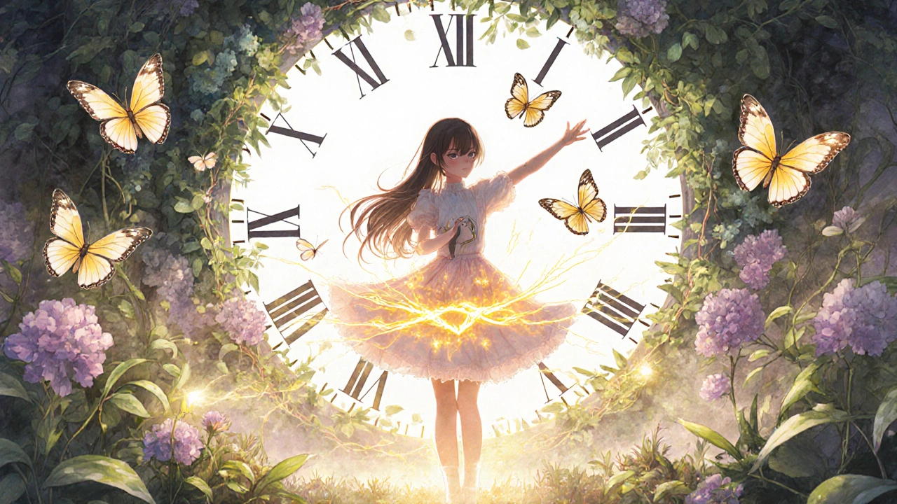 A girl practicing control in a garden, golden energy pulses and heart-shaped butterflies surrounding her.