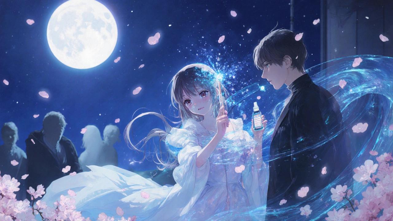A girl using a numbing spray wand to create a calming blue barrier around her partner under moonlight.