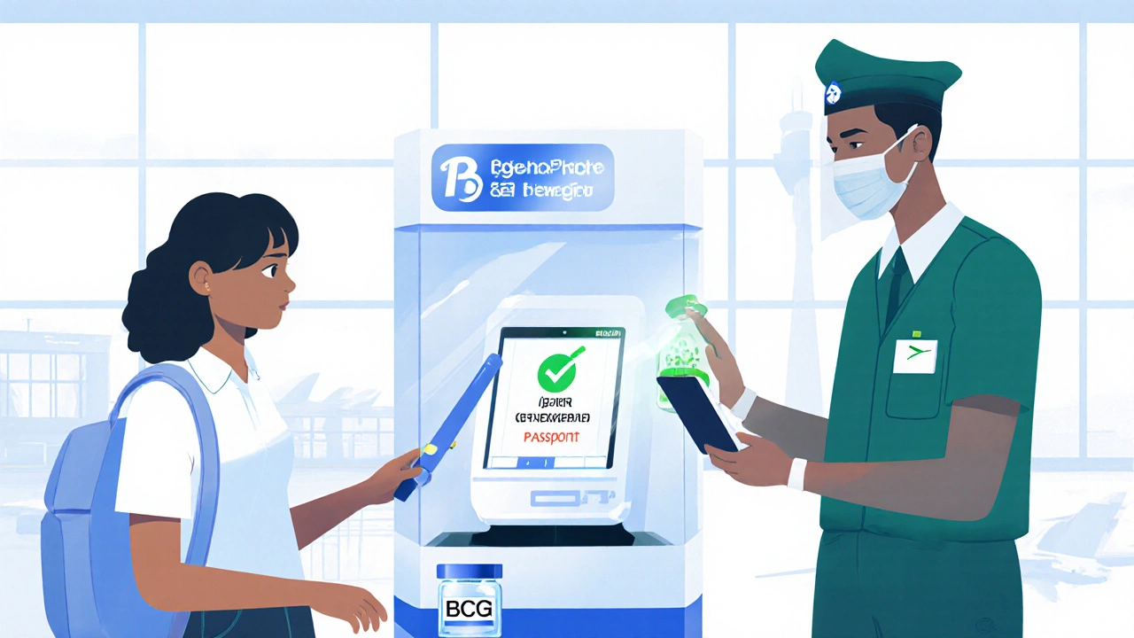 Airport health checkpoint with digital TB passport, GeneXpert device, and BCG vial.