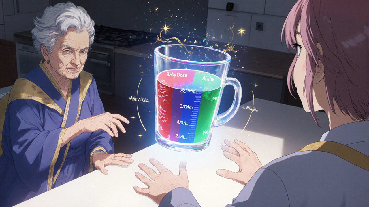 An elderly woman reaches for a glowing dosing cup with color-coded labels floating in the air.