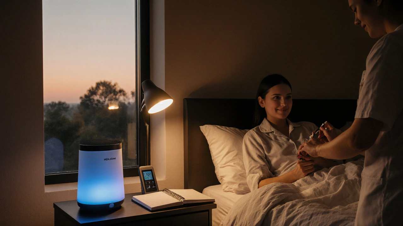 Bedroom at dusk with HEPA filter, symptom log, and allergy shot being given.