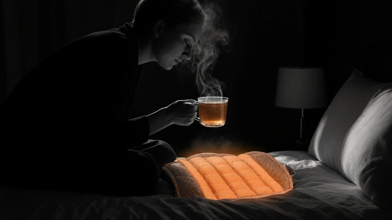 Bedroom scene showing a person using a warm heat pad on the abdomen at night.