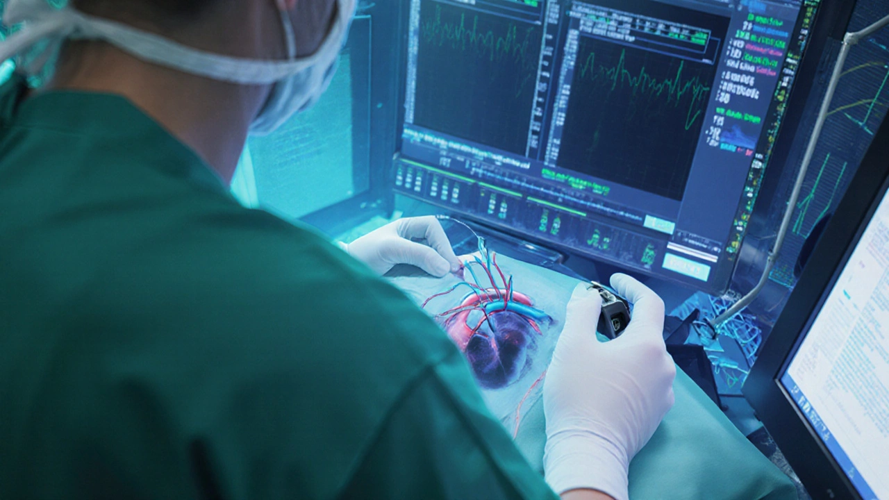 Cardiologist placing pacemaker leads under fluoroscopy in an operating room.