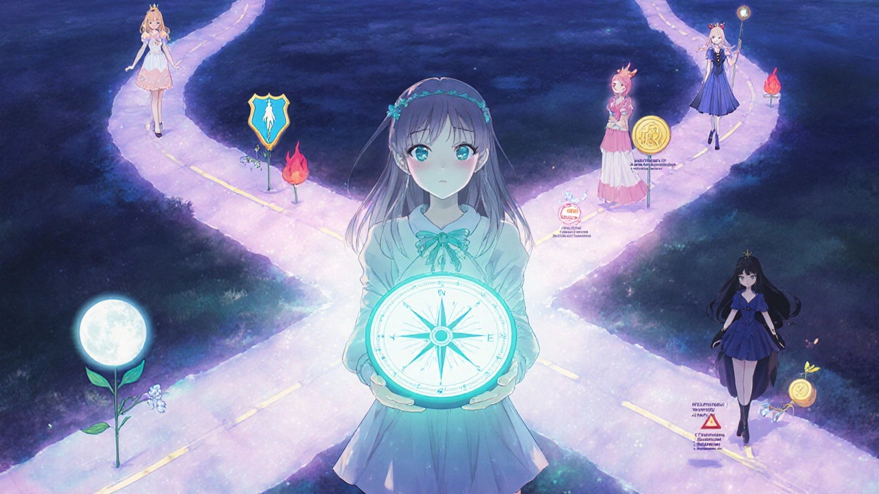 Cleocin heroine at a twilight crossroads, with paths showing factors like pregnancy and cost.