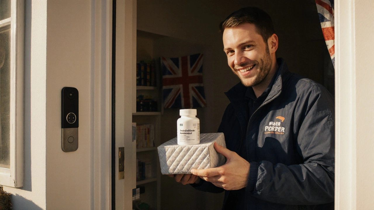 Courier delivering a package containing generic medication to a UK home.