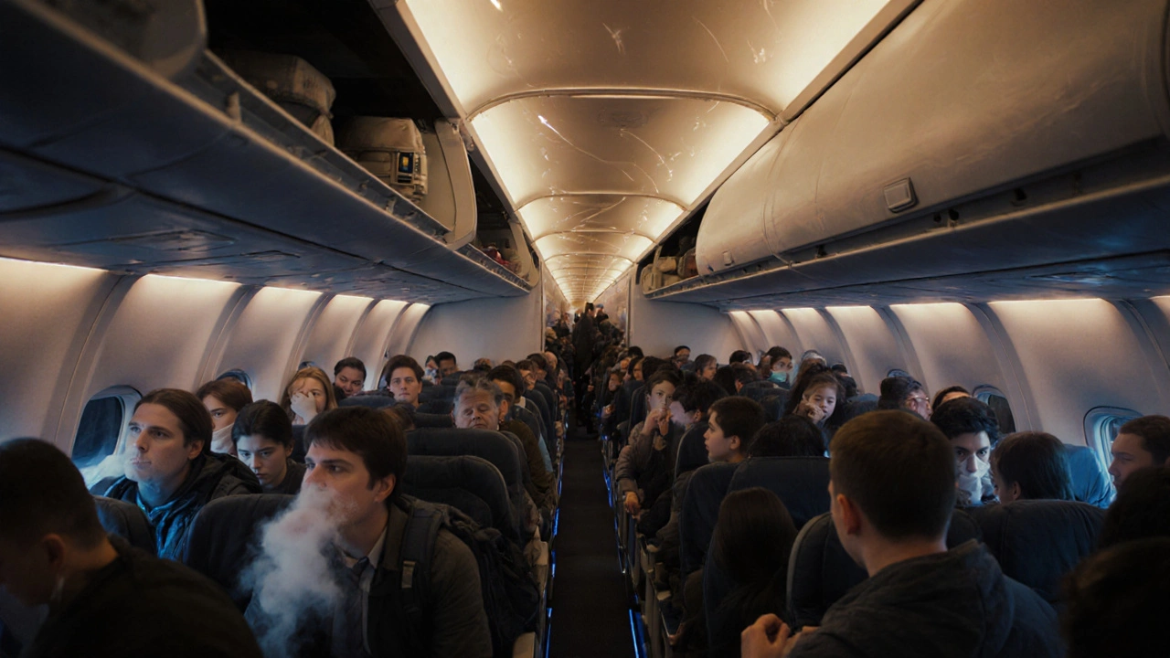 Crowded airplane cabin with passengers coughing and visible aerosol clouds.