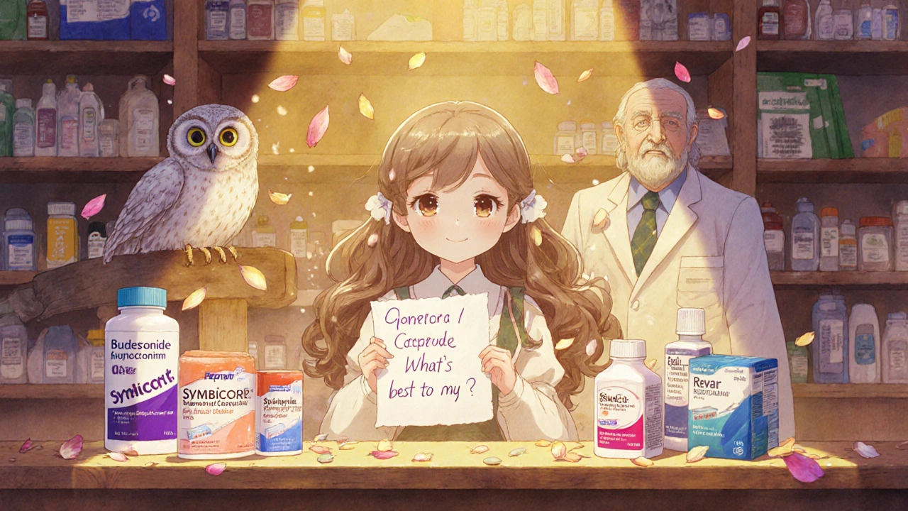 Generic and branded inhalers floating peacefully at a mystical pharmacy altar.