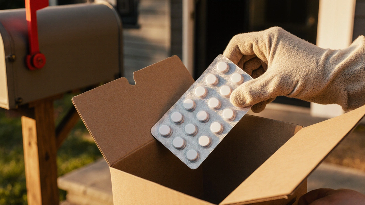 Hand holding a shipping box open to a blister pack of white generic Lasix tablets.
