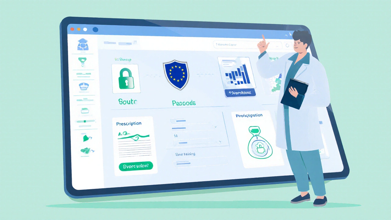 Illustrated UI of a safe UK online pharmacy showing shield and badge icons.