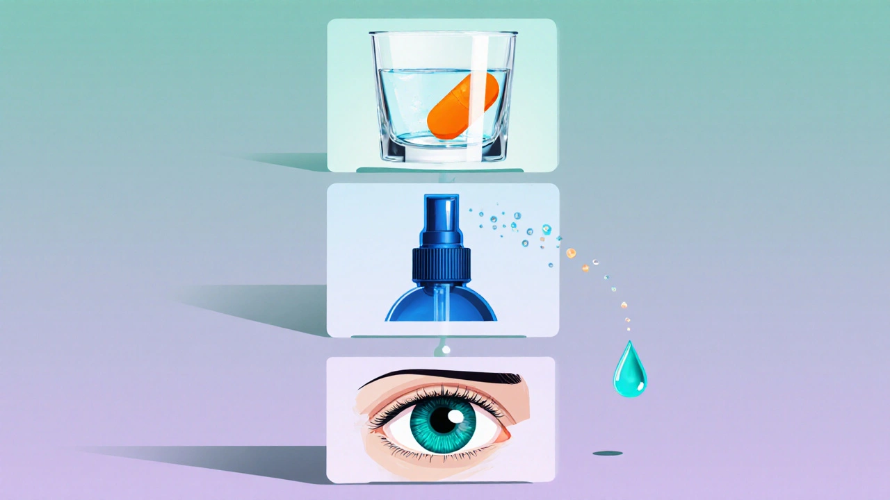 Illustration of stacked antihistamine tablet, nasal spray mist, and eye drop.
