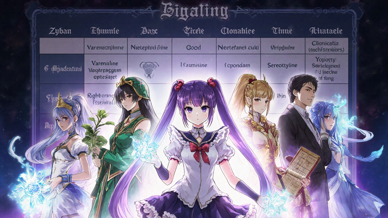 Lineup of magical heroines each representing a different smoking cessation drug, posed before a glowing comparison chart.
