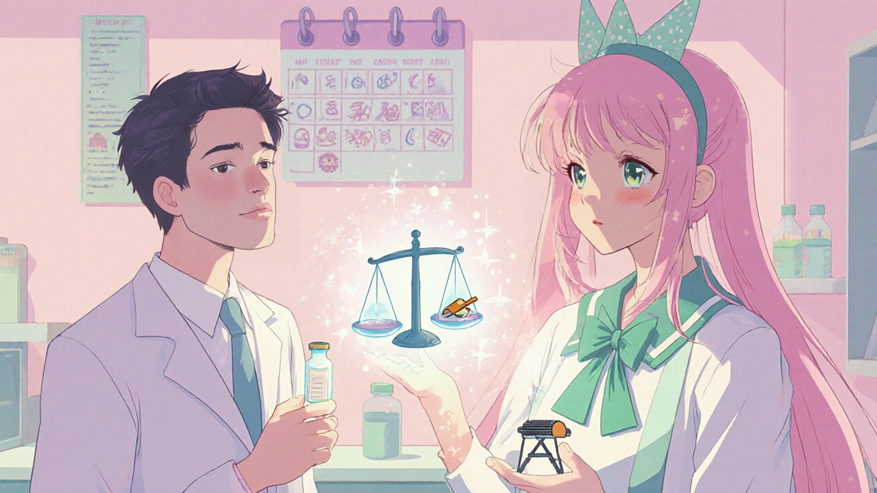Magical girl advising a patient, showing balanced drug metabolism with subtle symbols.