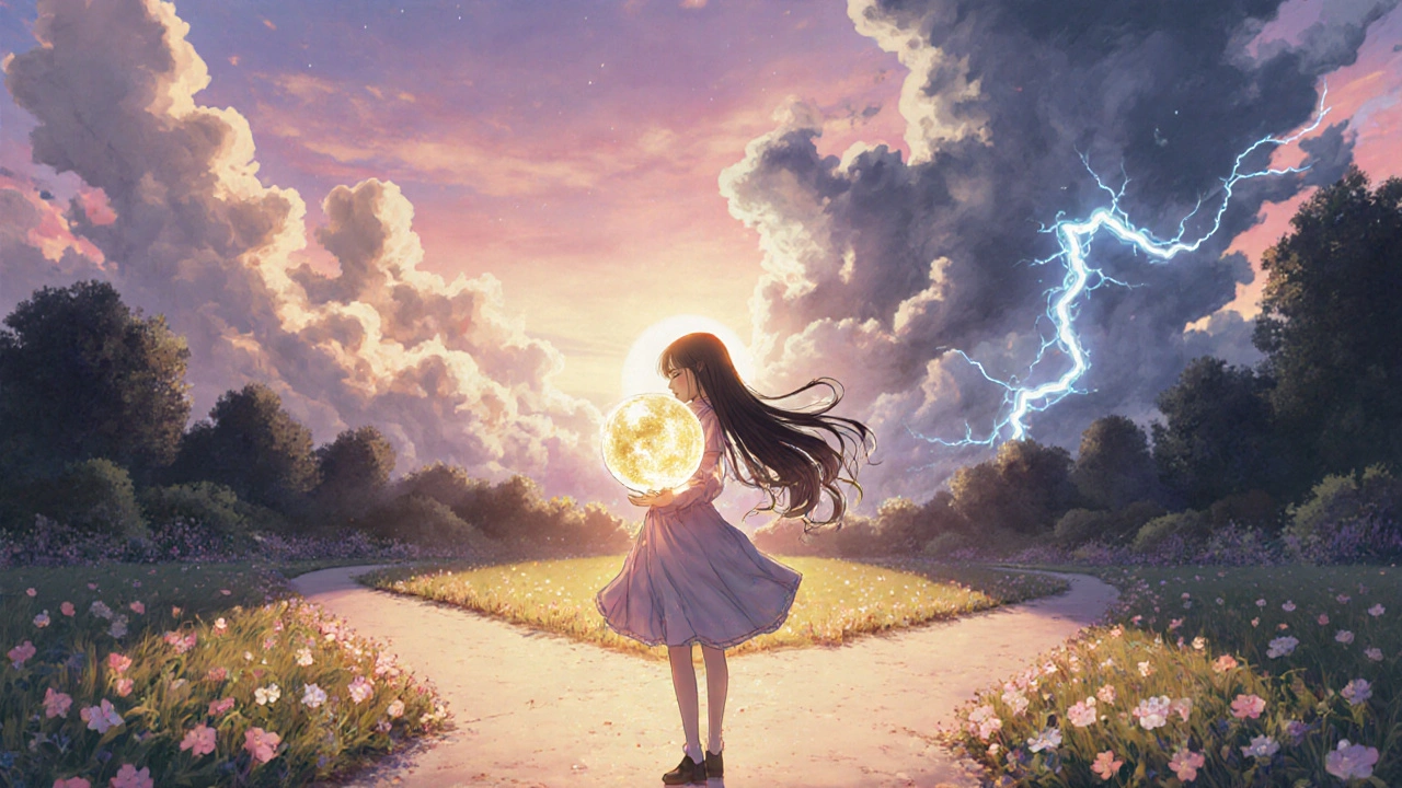 Magical girl at a forked road holding a balancing orb, symbolizing choice between Omnacortil and other steroids.