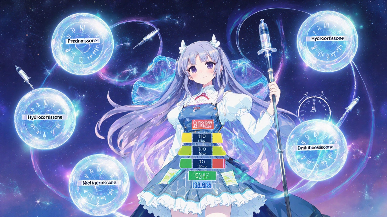 Magical girl comparing floating crystal orbs of prednisolone, prednisone, hydrocortisone, methylprednisolone, and dexamethasone.