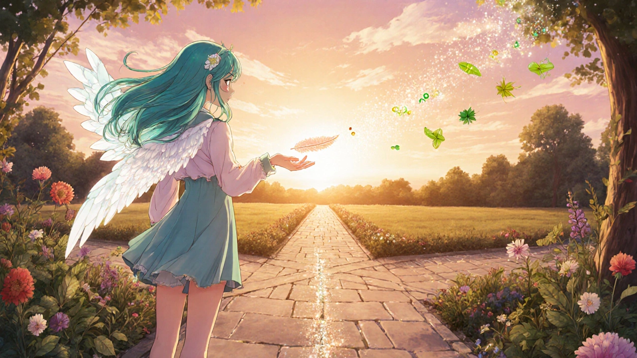 Magical girl guides a person along a sunrise path, leaving a trail of light.