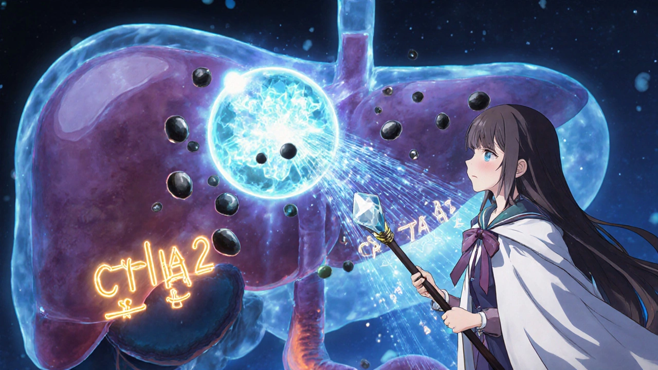 Magical girl inside a glowing liver activating CYP1A2 enzymes with a crystal orb.