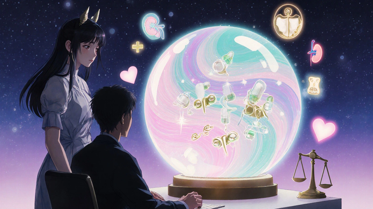 Magical girl looking into a crystal orb showing future oral diabetes therapies beside a patient.