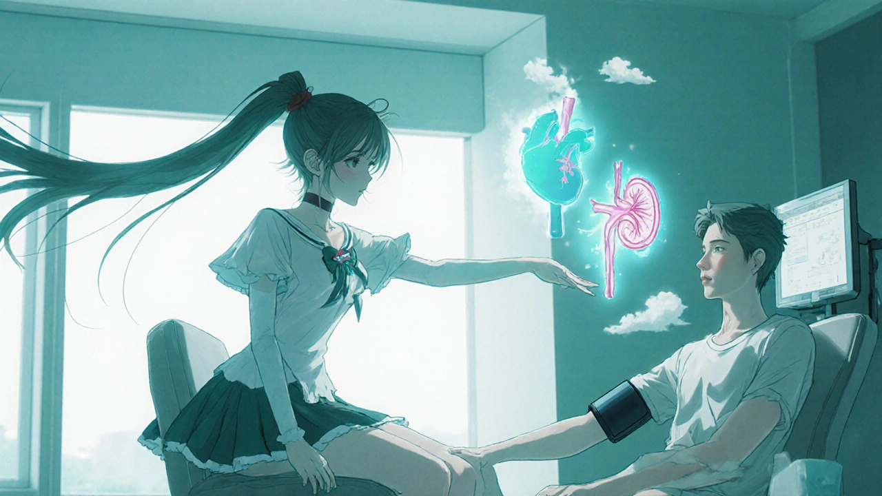 Magical girl Zebeta overseeing a patient’s heart, kidneys, and lungs in a clinic.