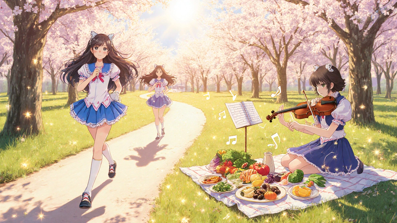 Magical girls lead jogging, Mediterranean cooking, and music lesson in a park.