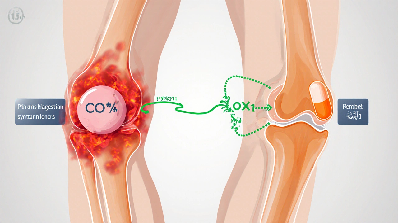 Medical illustration of a knee joint showing COX‑2 inhibition versus COX‑1 activity.