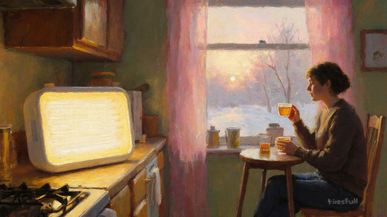 Morning scene with a light‑therapy box bathing a relaxed person in warm glow beside a sunrise window.
