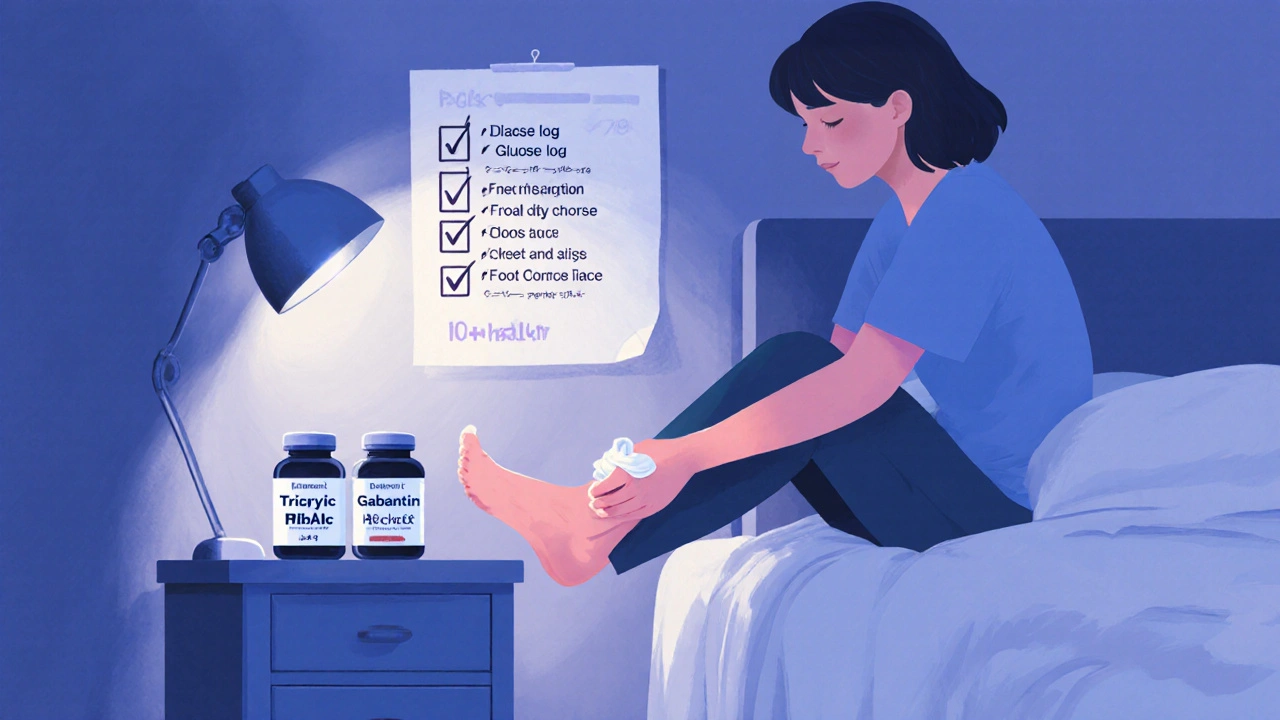 Nighttime scene of foot care, medication bottles, and a neuropathy checklist.