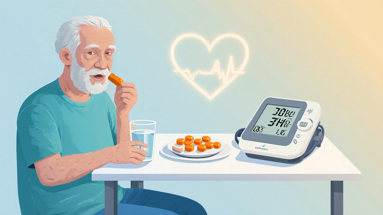 Older adult taking a celecoxib capsule while checking blood pressure.