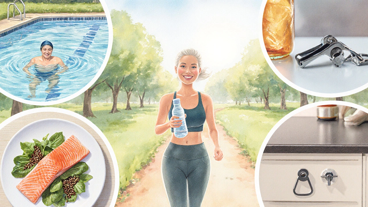 Person exercising outdoors with symbols of healthy diet and joint‑protecting tools.