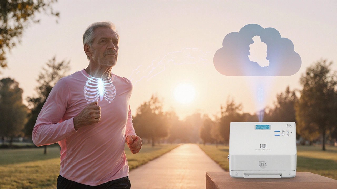 Person jogging with visible pacemaker glow, remote monitor transmitting data.