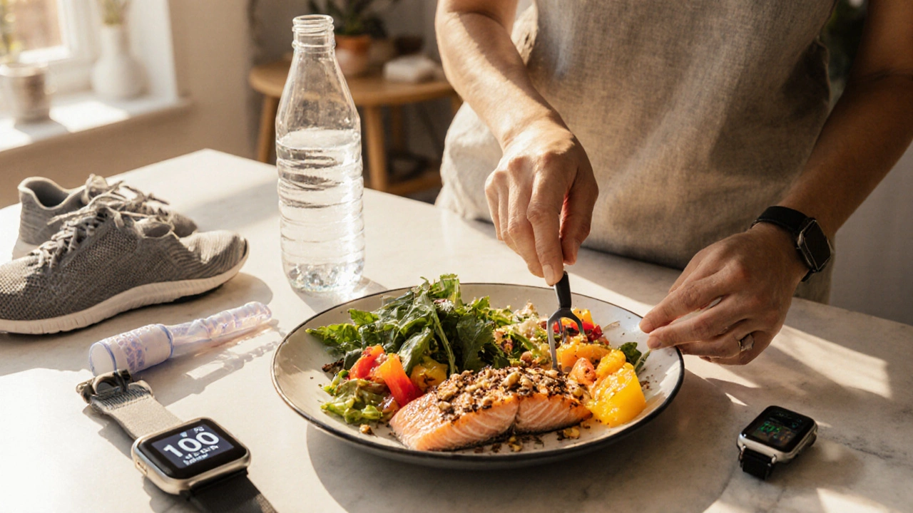 Person preparing a Mediterranean meal with glucose monitor and foot care tools nearby.