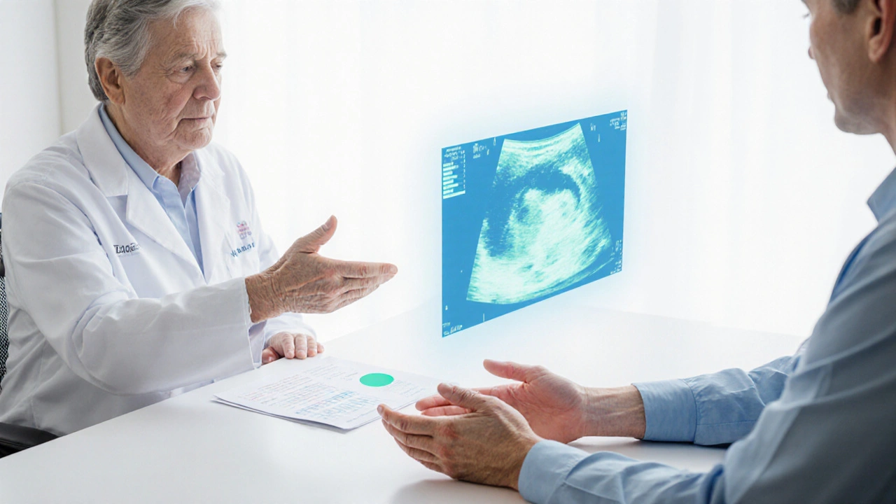Rheumatology appointment showing swollen hand, doctor, and holographic joint scan.