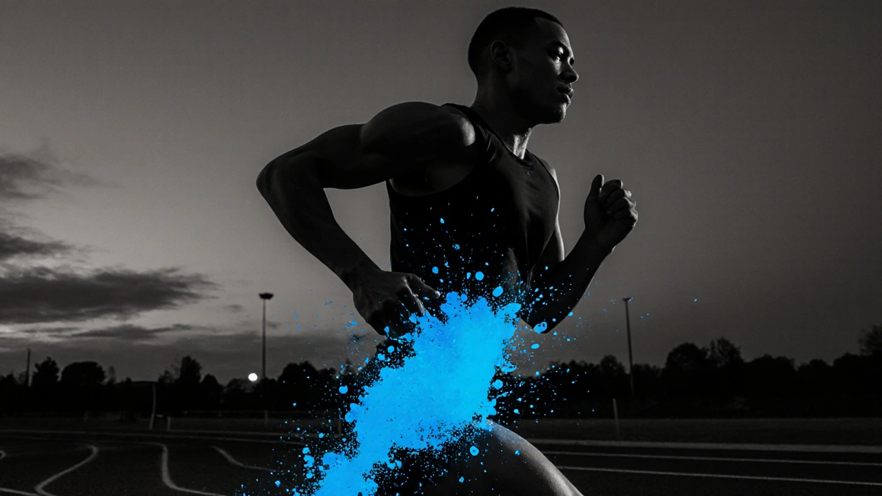 Runner mid‑stride with a blue glow around the lower torso indicating a spasm.