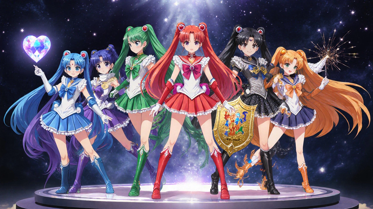 Seven magical girl heroines representing different beta blockers standing together.