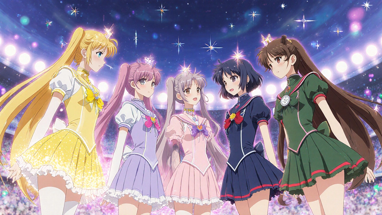 Six magical girls, each in unique colors, symbolize different antidepressants in a twilight arena.