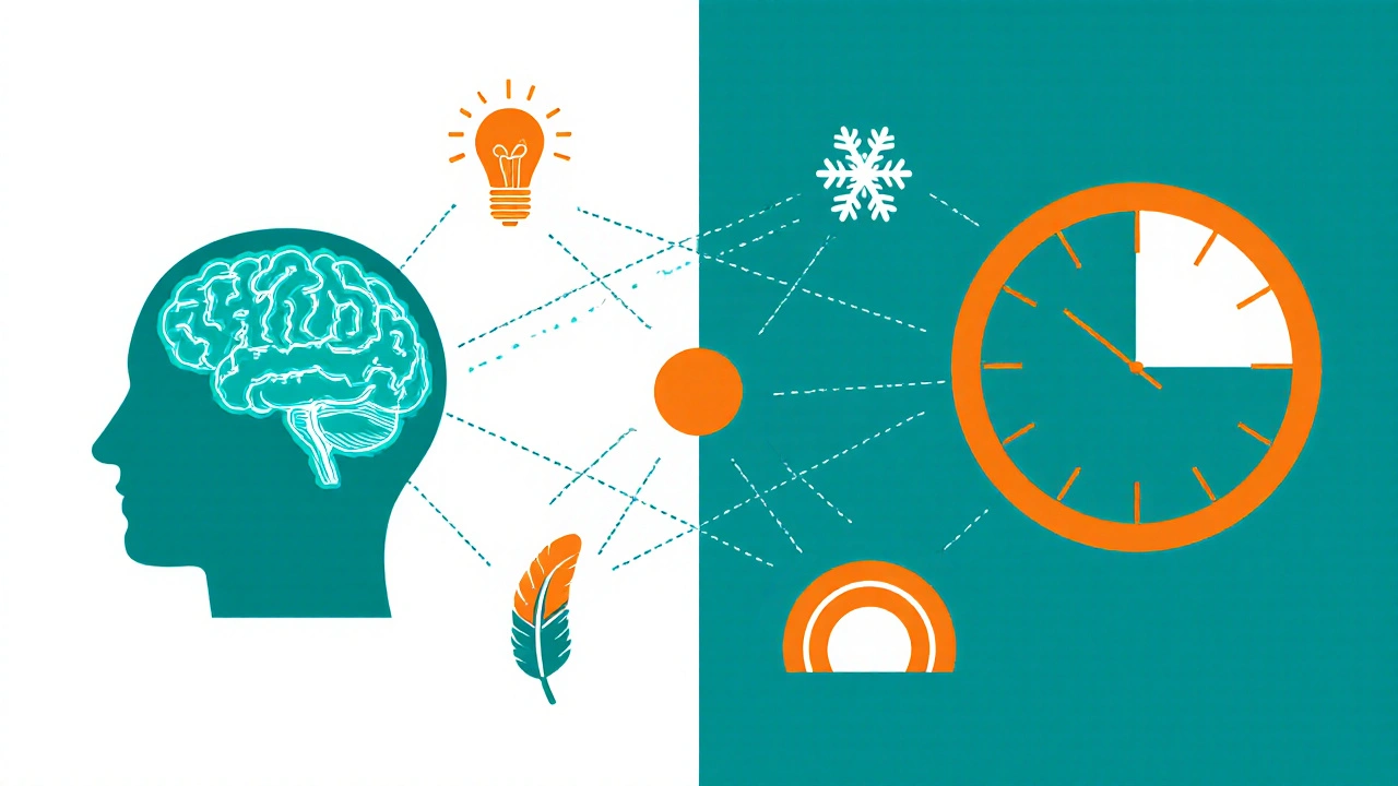 Stylized brain with glowing serotonin pathways and a circadian clock, linked by icons of light and cleaning.