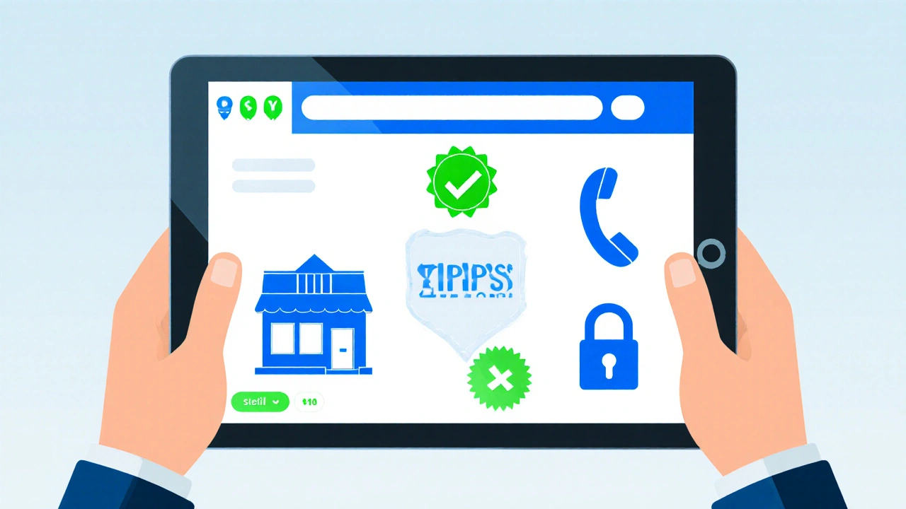 Tablet screen showing pharmacy icons: checkmark, storefront, phone, padlock, and seal.