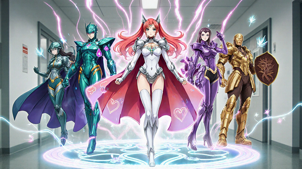 Team of magical girl heroines depicting Metformin and other diabetes drug classes standing on a decision tree.