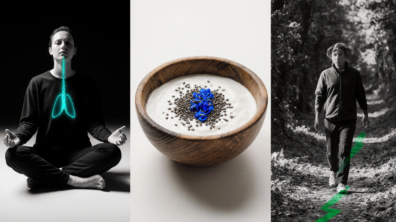 Three calming habits: breathing, probiotic yogurt, and walking, shown in monochrome with teal, blue, and green accents.