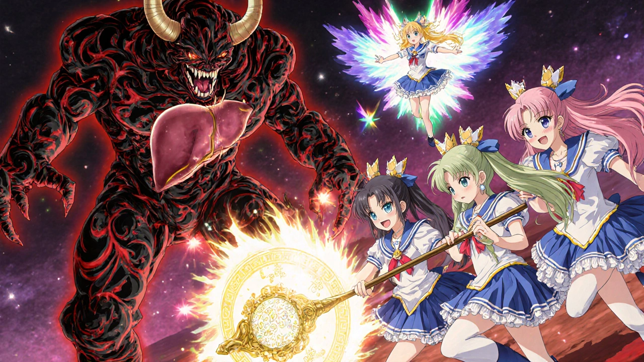 Three magical girls battling a liver-cell demon with gene and vitamin B6 magic.