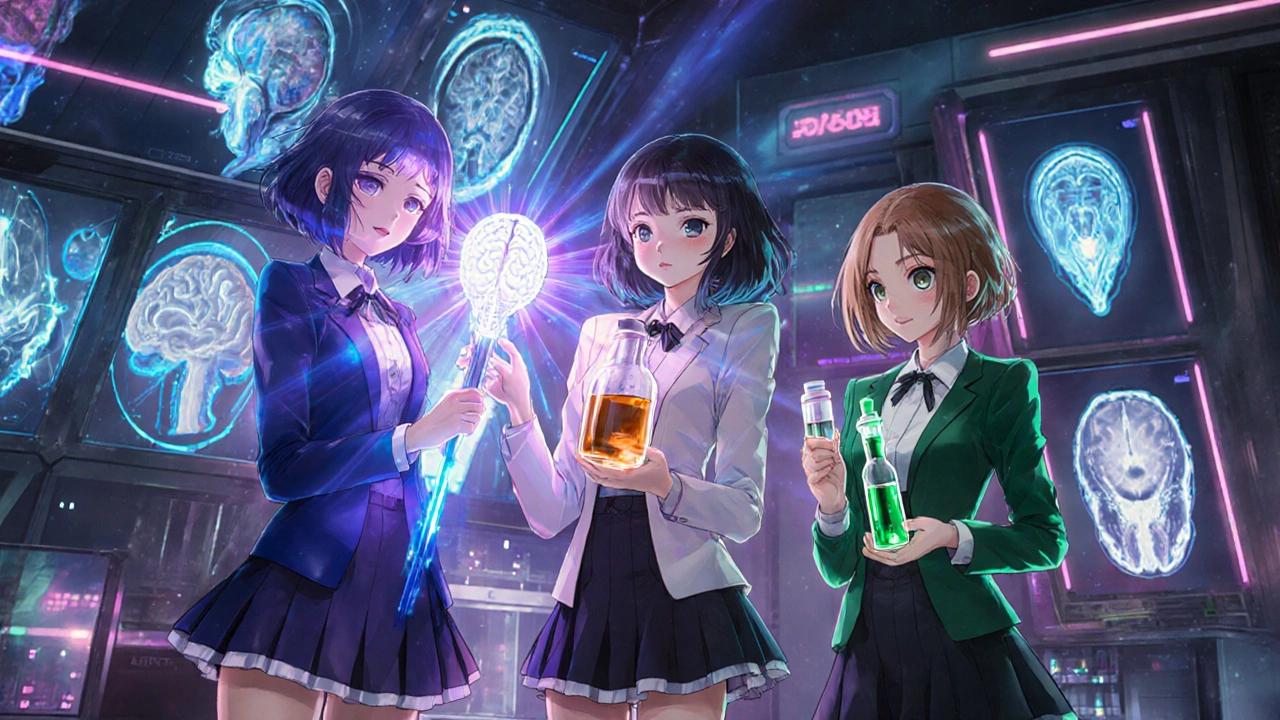 Three magical heroines demonstrate PET scan, CSF vial, and blood test in a lab.