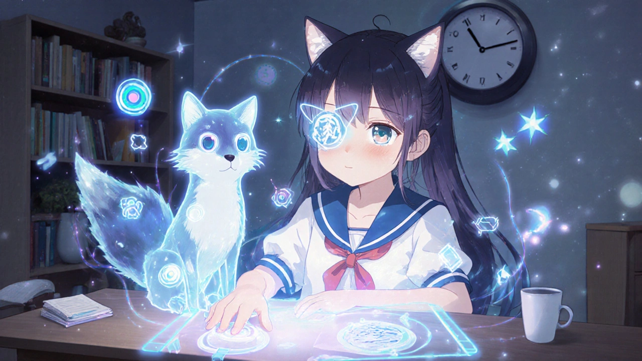 A child playing a holographic vision game with a cat-shaped filter over one eye, guided by a light fox spirit.