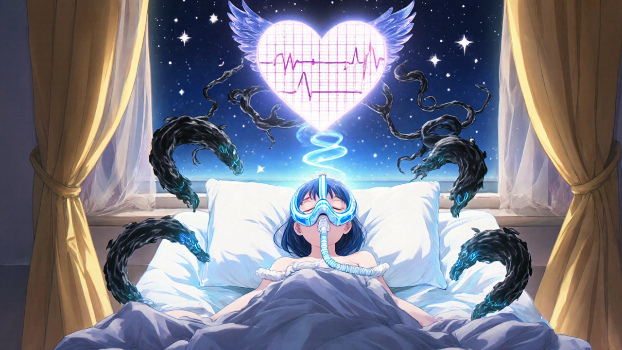 A CPAP mask emits a protective blue air stream, repelling black apnea vortexes while an ECG-winged angel defends a sleeping heart.