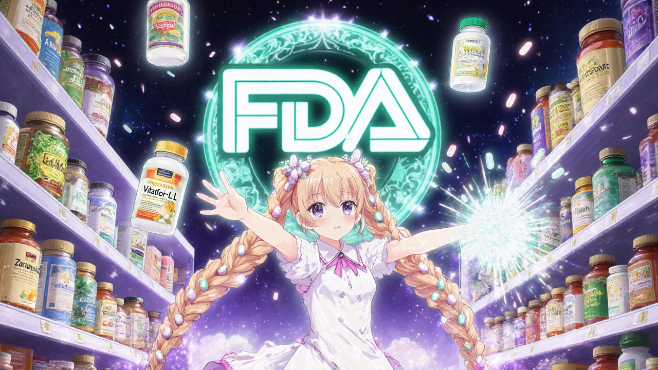 A girl in pill-shaped pigtails purifies dangerous supplements with a glowing charm in a magical supermarket.