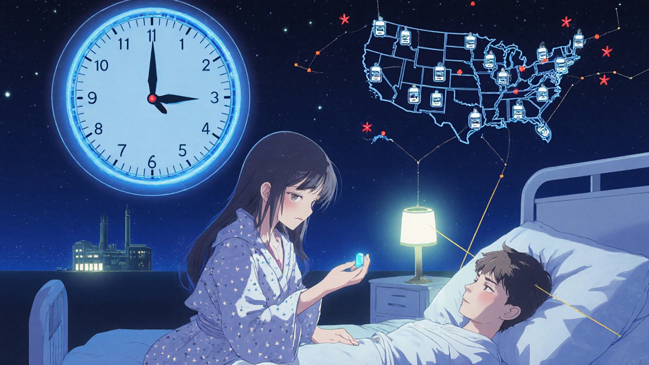 A girl places a glowing pill into a child&#039;s hand under a starry sky shaped like essential medicines.