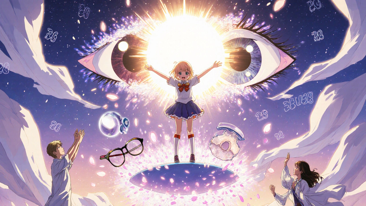 A girl standing atop a glowing eye platform as two eyes merge into a sun, symbolizing restored vision.