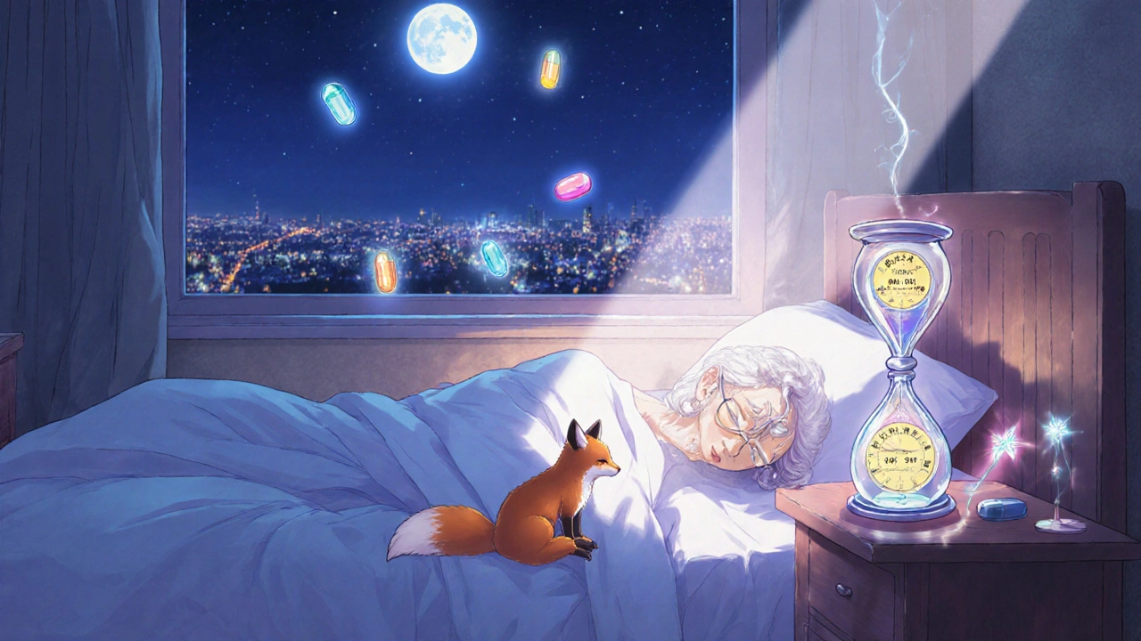 A grandmother sleeps peacefully as four glowing pills hover above a celestial hourglass marked with daily times.