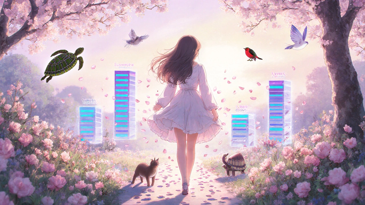 A heroine performs morning exercises in a garden with glowing footprints and progress bars.