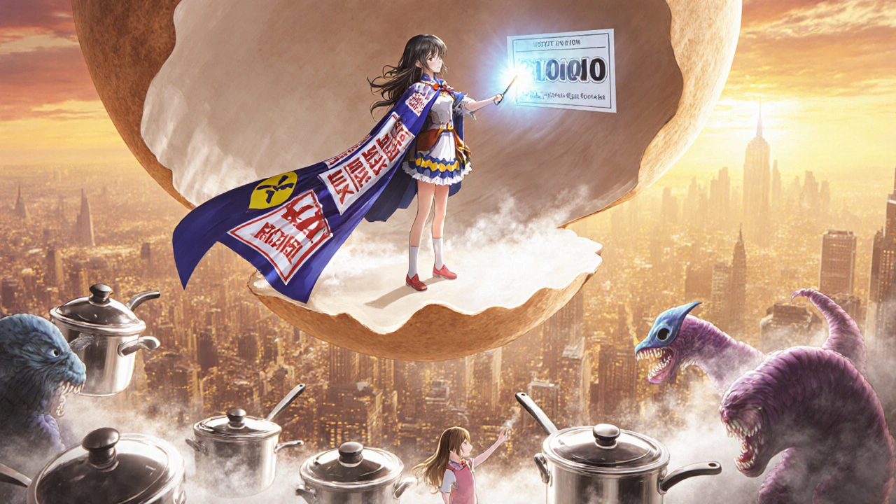 A heroine shields children from toxic eggs and lead vapors using cookware barriers under a recall hologram.