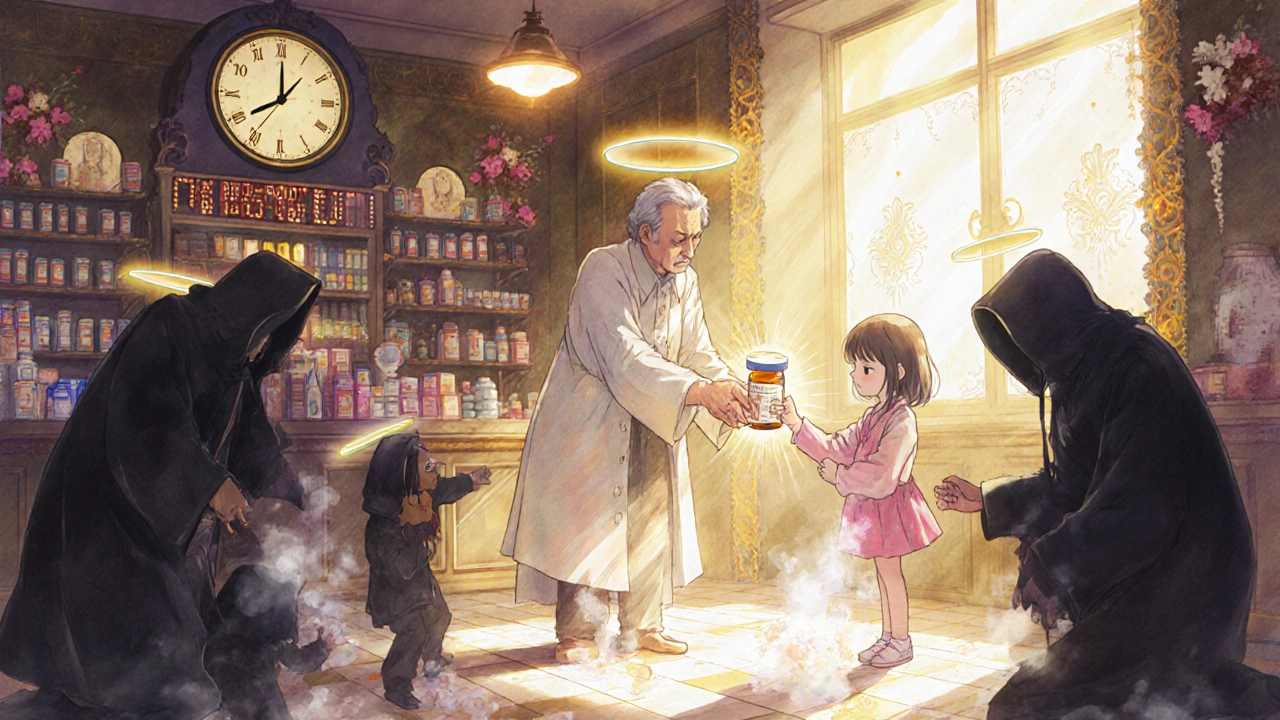 A kind pharmacist in a glowing temple-like pharmacy hands a safe medicine to a girl, while shadowy counterfeiters dissolve into smoke.