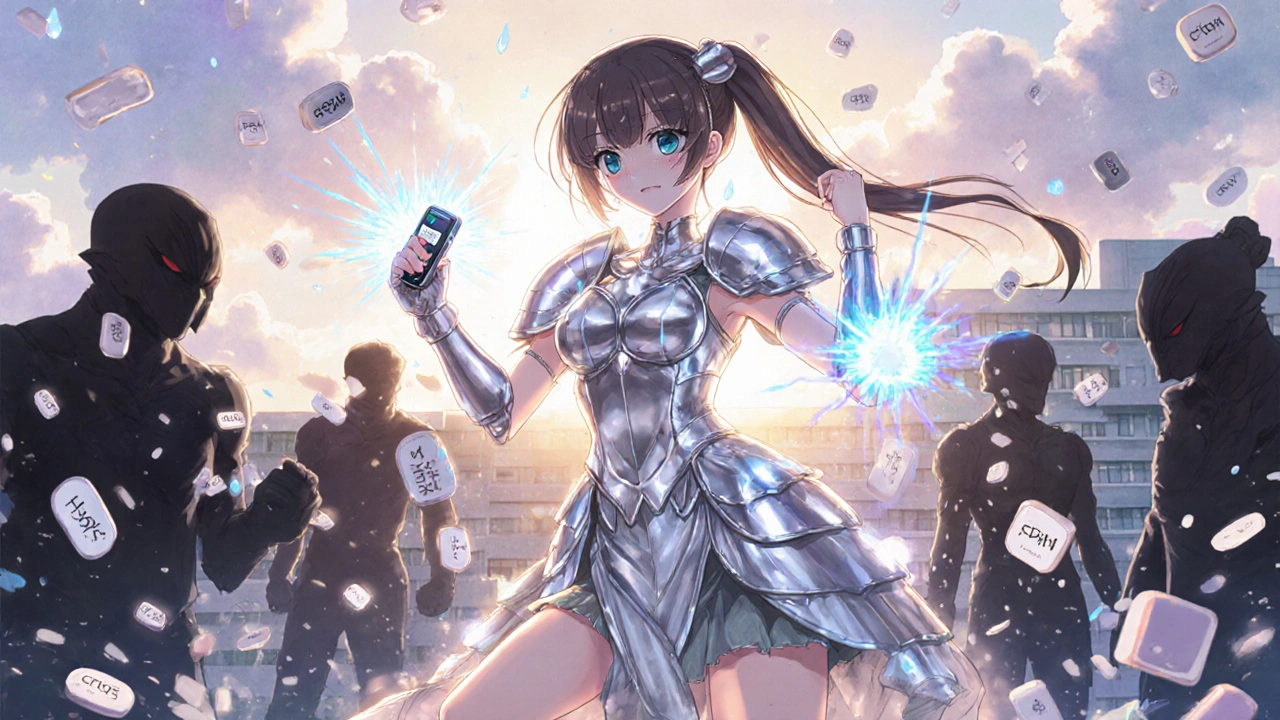 A magical girl battles shadowy hypoglycemia figures with a glowing CGM and 15-15 rule charm, sunrise in the background.